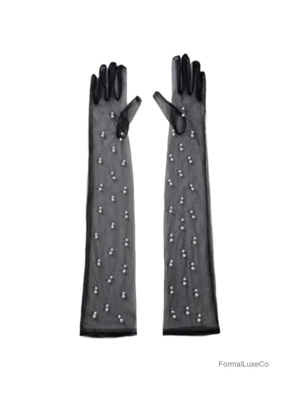 Sheer Tulle Long Gloves with Pearl Beads for Wedding Bridal 1920s Dance